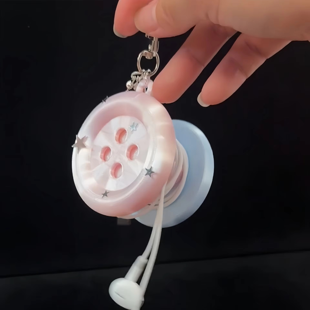 Cable Winder Keychain - レトロY2K特大ボタンイヤホンケーブルワインダー ポータブルワイヤー収納オーガナイザーバッグ ペンダントキーホルダー ギフト 原宿デコレーション
