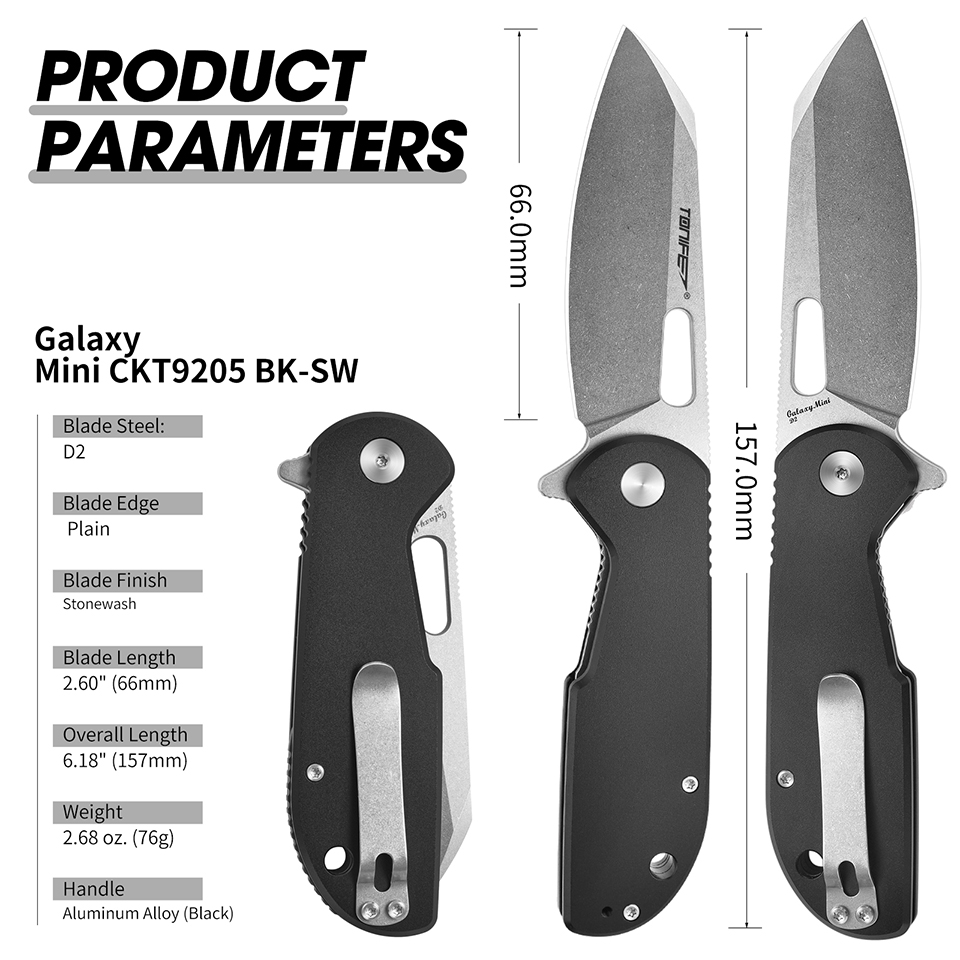 Everyday Carry (Edc) Knife - TONIFE Galaxy Mini CKT9205 折りたたみナイフ、D2 スチールブレードとアルミニウムハンドル付き、キャンプや日常持ち運び用の