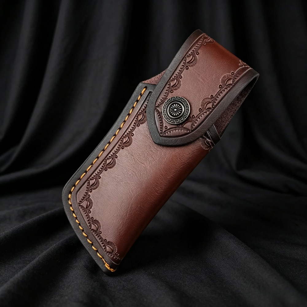Leather Edc. Carry Pouch - コレクタブルエンボス加工本革製ナイフシース ブラウンステッチ ナイフホルスター メタルスナップクロージャー EDCキャリーポーチ