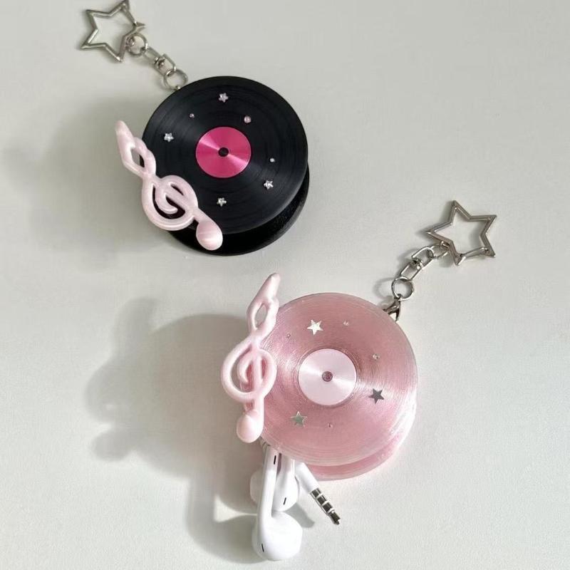 Y2Kヴィンテージレコード型イヤホンケーブルワインダー、キー - Cable Winder Keychain のレビューと価格